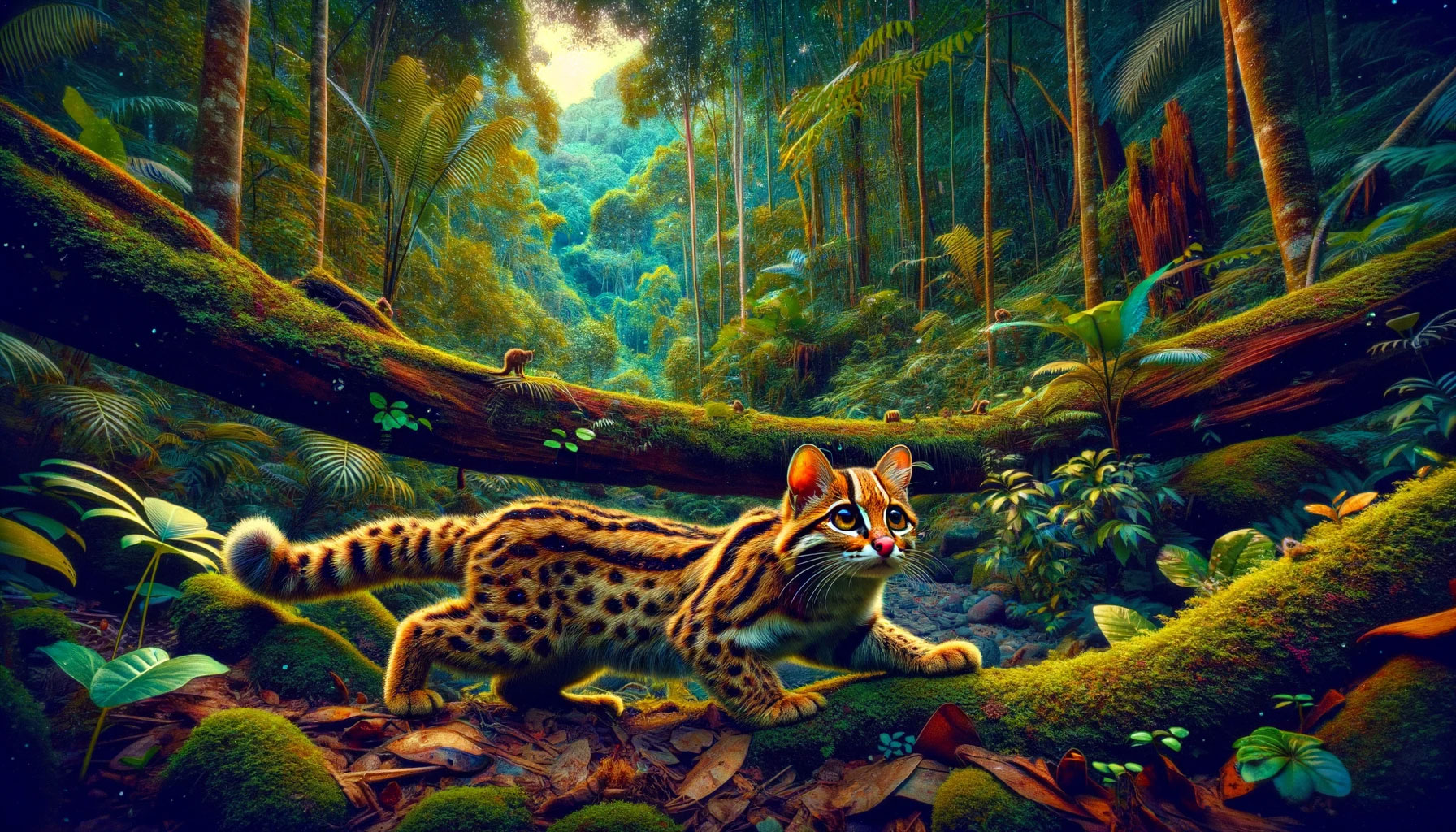 a-highly-realistic-lo-fi-style-image-depicting-the-habitat-and-behavior-of-the-rusty-spotted-cat-the-scene-is-set-in-a-vibrant-natural-forest