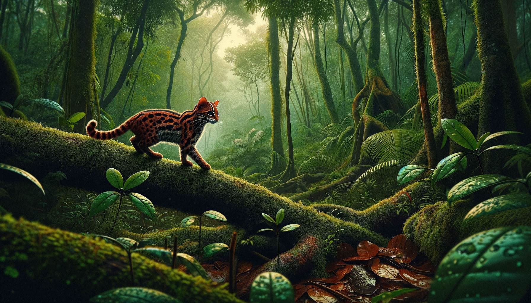 a-realistic-lo-fi-style-image-showcasing-the-habitat-and-behavior-of-the-rusty-spotted-cat-the-setting-is-a-dense-lush-forest-in-india-or-sri-lanka